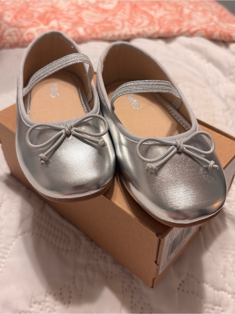 Mango Girls Silver Metallic Ballet Flats with Bow and Strap